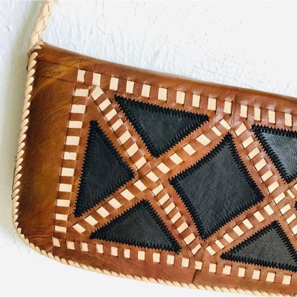 Vintage New Boho Diamond Pattern hand stitched Leather crossbody Bag purse - Picture 13 of 16
